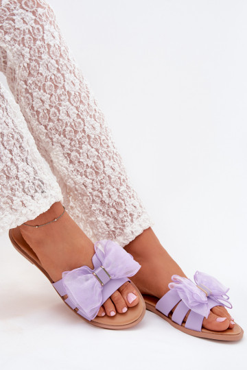 Chinelos femininos com saltos largos Z e laço de tule na cor violeta Tanira