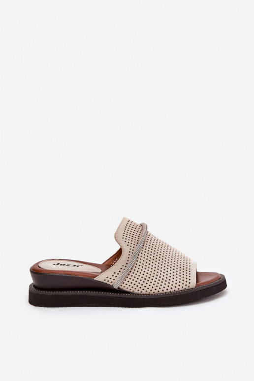 Chinelos femininos Em uma cunha Com fita decorativa bege TeriParaes