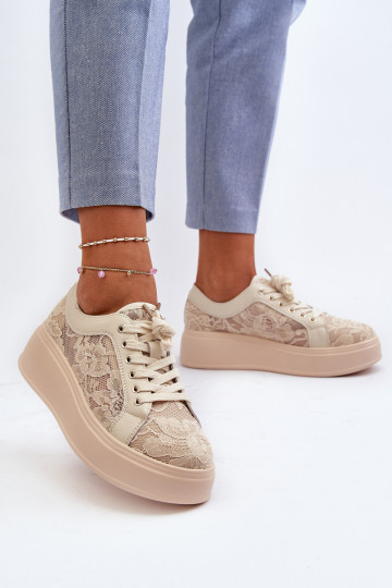 com motivos de renda À modalo de tênis Feminino com uma plataforma S.Barski HY025 bege