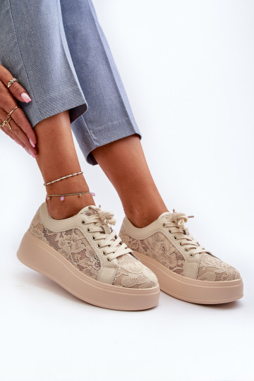 com motivos de renda À modalo de tênis Feminino com uma plataforma S.Barski HY025 bege 2