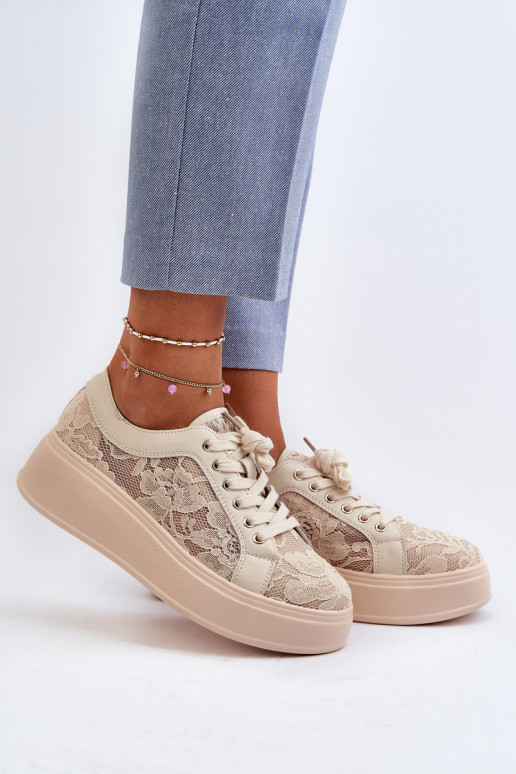 com motivos de renda À modalo de tênis Feminino com uma plataforma S.Barski HY025 bege