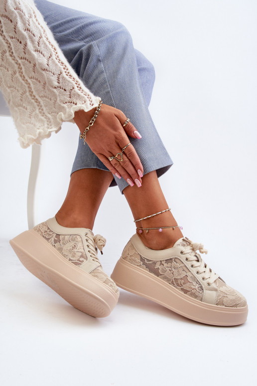 com motivos de renda À modalo de tênis Feminino com uma plataforma S.Barski HY025 bege