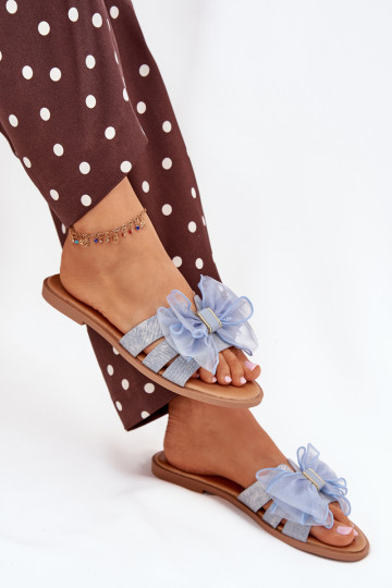 Chinelos femininos com saltinhos largos e laço de tule em jeans Tanira