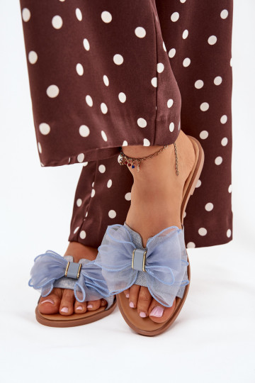 Chinelos femininos com saltinhos largos e laço de tule em jeans Tanira 2