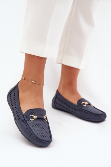 mocassins femininos com elementos abertos com enfeites azul escuro Kaydance