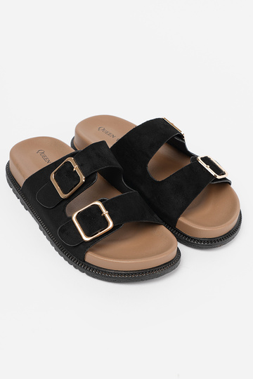 cor preta Chinelos mulheres ze douradomi klamrami