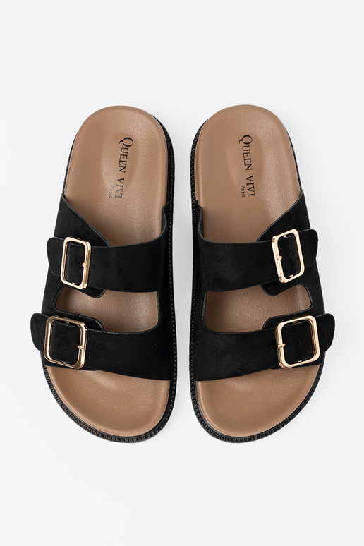 cor preta Chinelos mulheres ze douradomi klamrami