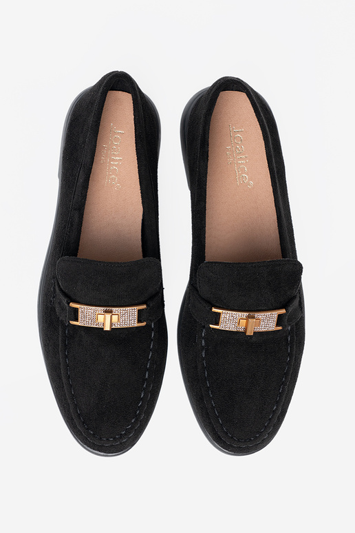 cor preta de camurça mocassins z elegancką złotą ozdobą