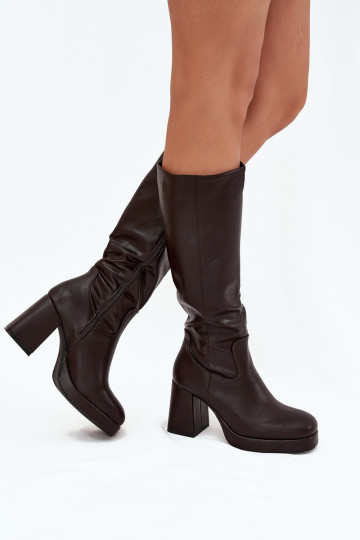 Botas de cano alto femininas até o joelho com salto bloco, cor chocolate "Selvia"
