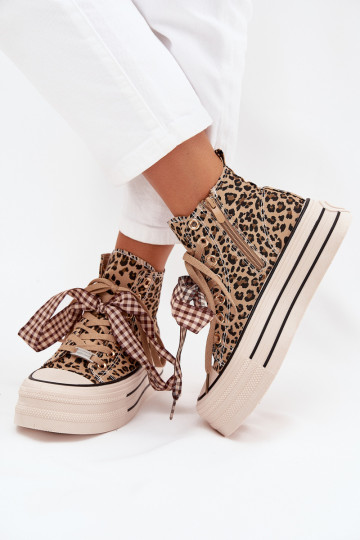 Sapatos casuais com cadarços, laços e zíper, com plataforma e estampa de leopardo "Turivara" 2
