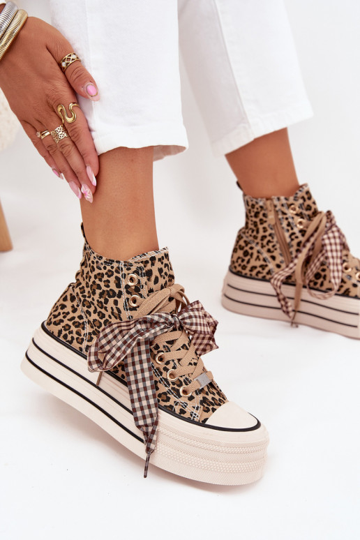 Sapatos de lazer com fitas de amarrar I Zamkiem com uma plataforma com padrões de pele de leopardo Tem que servara