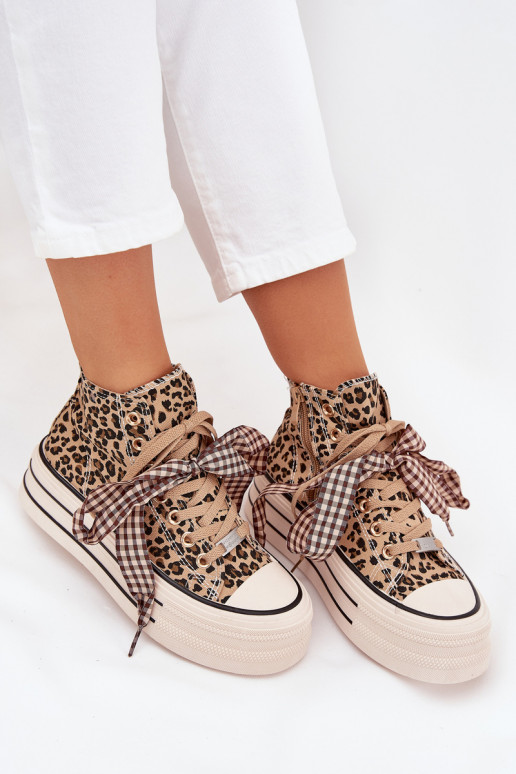 Sapatos de lazer com fitas de amarrar I Zamkiem com uma plataforma com padrões de pele de leopardo Tem que servara