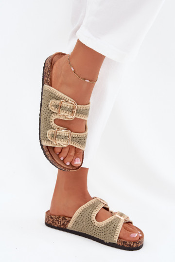 SzydełkoParae Chinelos femininos Ze cor douradami com fivelasmi cor verde Fenira