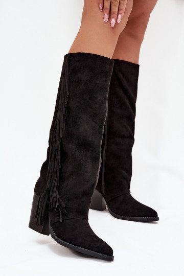 Botas femininas de cano alto de estilo cowboy, com franjas e saltos, pretas Tivara 2