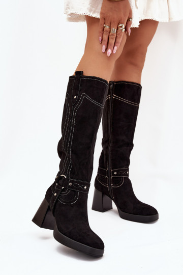 Botas femininas forradas de cano alto com saltos e costuras decorativas, pretas Alessara 2