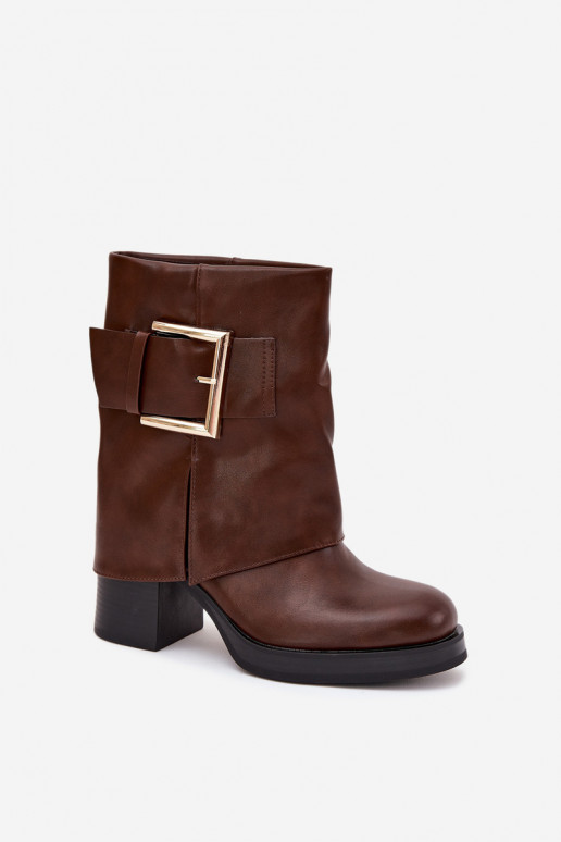 Botas femininas aquecimento com salto com fivelas douradas cor marrom Milira