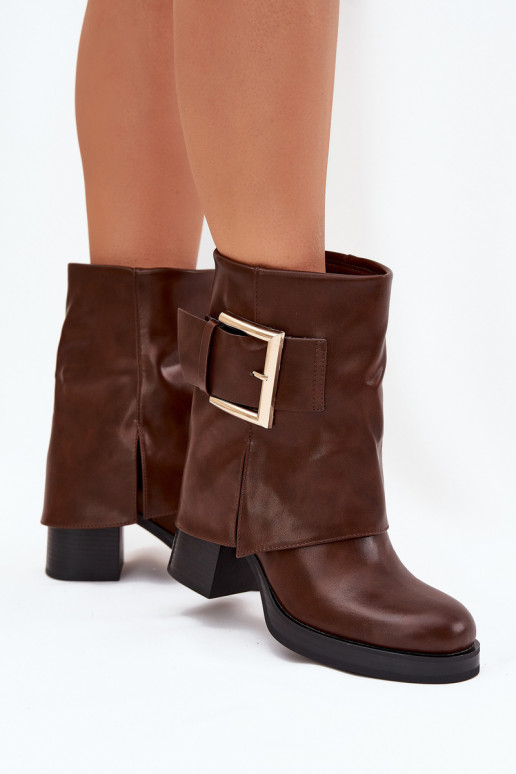 Botas femininas aquecimento com salto com fivelas douradas cor marrom Milira
