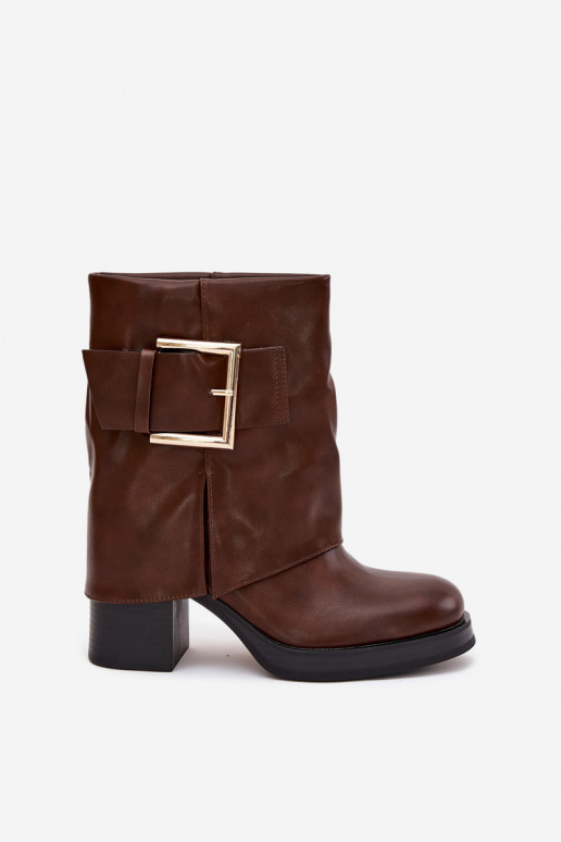 Botas femininas aquecimento com salto com fivelas douradas cor marrom Milira