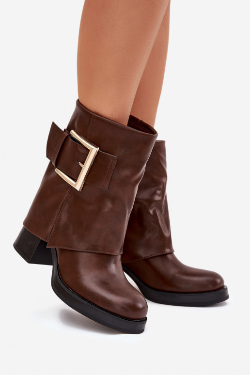 Botas femininas aquecimento com salto com fivelas douradas cor marrom Milira