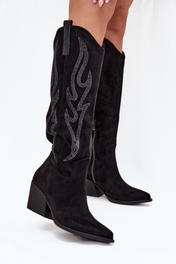 botas estilo vaqueiro Feminino Com decoração com salto cor preta Jovina