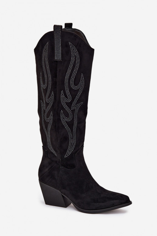 botas estilo vaqueiro Feminino Com decoração com salto cor preta Jovina