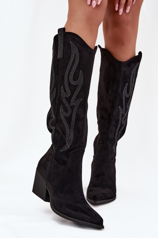 botas estilo vaqueiro Feminino Com decoração com salto cor preta Jovina