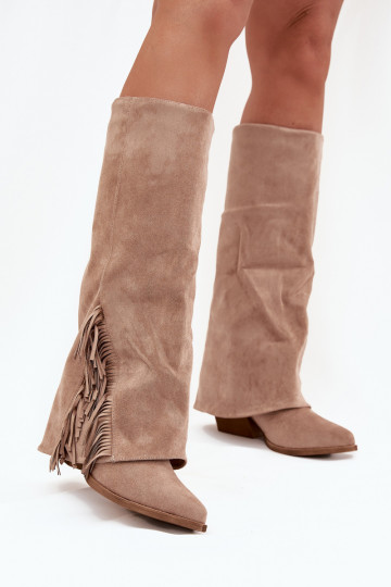 Botas femininas até o joelho em eco camurça, com salto tipo bloco, forradas, cano decorado, cor areia Evyra