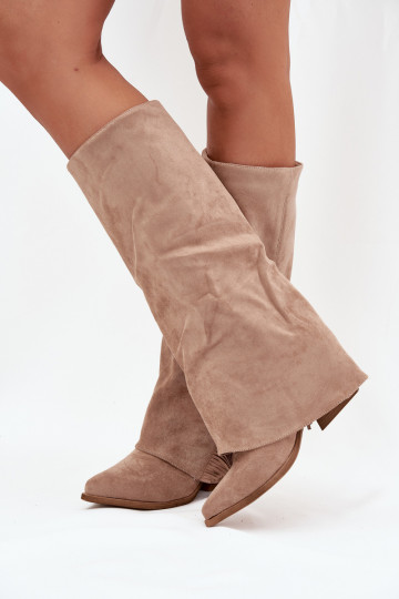 Botas femininas até o joelho em eco camurça, com salto tipo bloco, forradas, cano decorado, cor areia Evyra 2