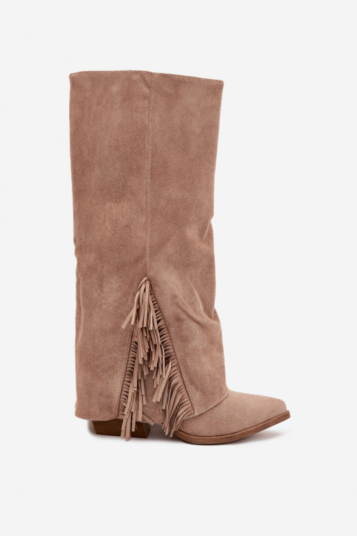 Um modelo atraente botas estilo vaqueiro Feminino com salto com franjas bege Zalia