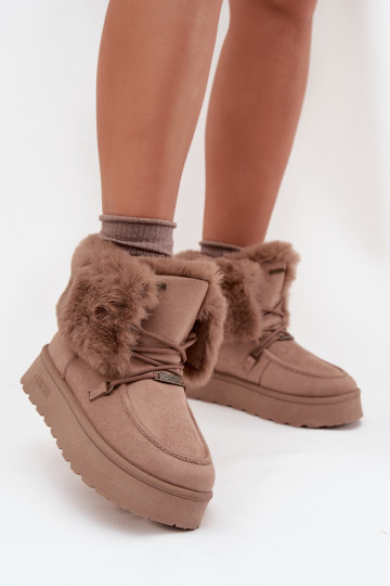 Botas femininas de neve com plataforma, pelagem e cadarços Big Star SS274114, cor areia