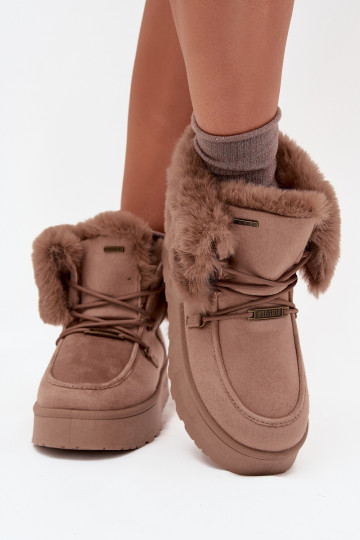 Botas femininas de neve com plataforma, pelagem e cadarços Big Star SS274114, cor areia 2