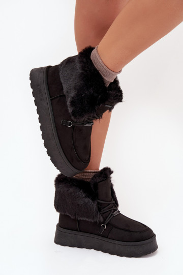 Botas femininas de neve com plataforma, pelagem e cadarços Big Star SS274113, pretas