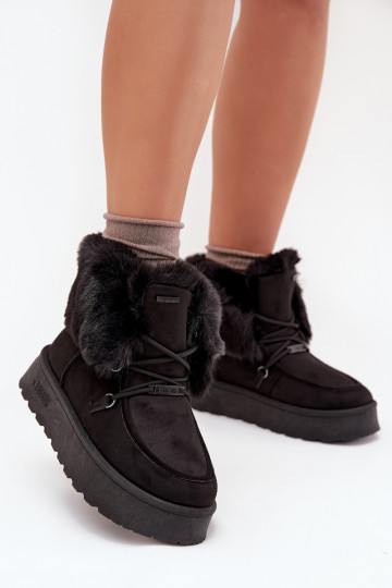 Botas femininas de neve com plataforma, pelagem e cadarços Big Star SS274113, pretas 2