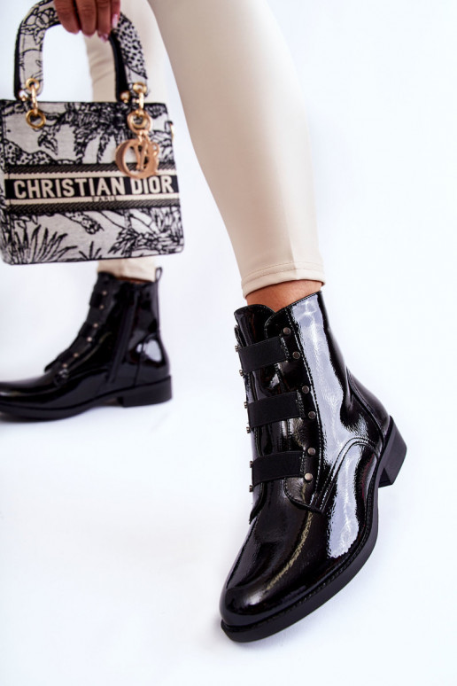 com efeito verniz aquecimento Botas com salto largo cor preta Geira com efeito verniz aquecimento Botas com salto largo cor preta Geira