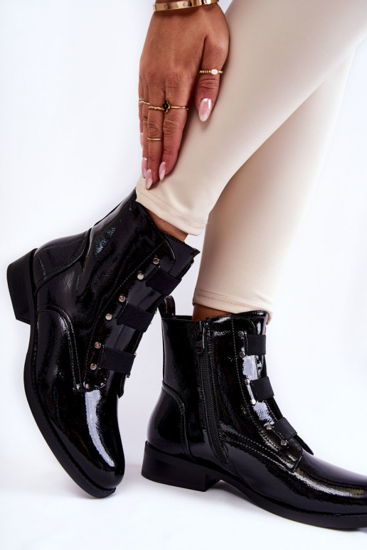 com efeito verniz aquecimento Botas com salto largo cor preta Geira com efeito verniz aquecimento Botas com salto largo cor preta Geira