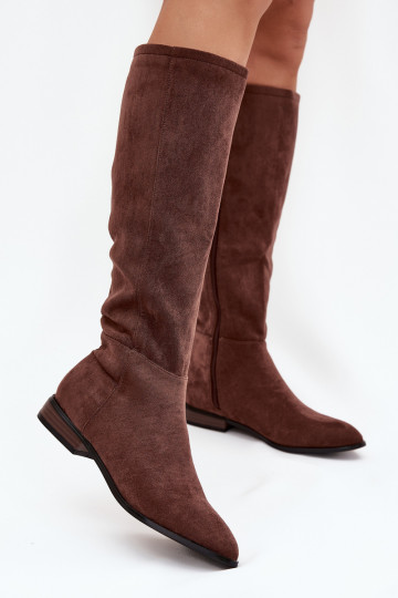 Botas de camurça de cano longo com saltos largos na cor marrom Eelin