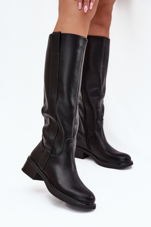 Botas femininas de cano longo com salto baixo, forradas, na cor preta Averna