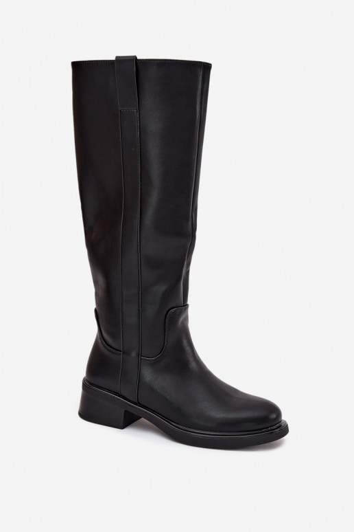 Botas femininas de cano longo com salto baixo, forradas, na cor preta Averna