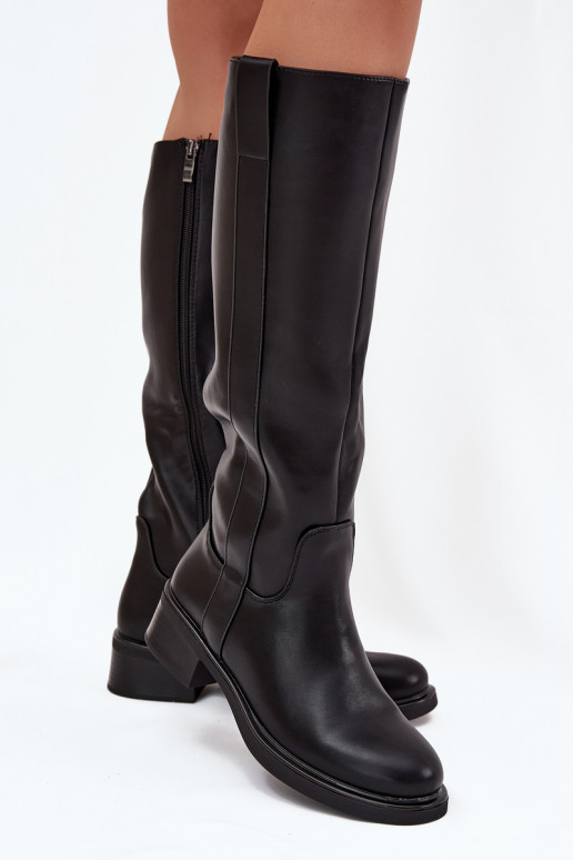 Botas femininas de cano longo com salto baixo, forradas, na cor preta Averna