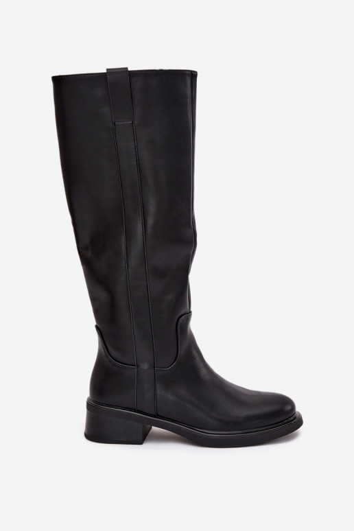Botas femininas de cano longo com salto baixo, forradas, na cor preta Averna