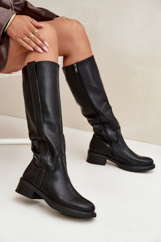 Botas femininas de cano longo com salto baixo, forradas, na cor preta Averna