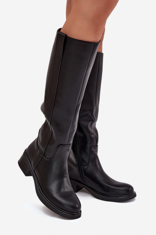 Botas femininas de cano longo com salto baixo, forradas, na cor preta Averna