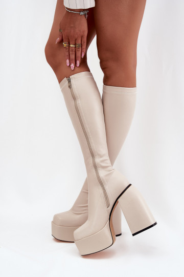 Botas femininas de cano longo com salto e plataforma na cor marfim Yavira