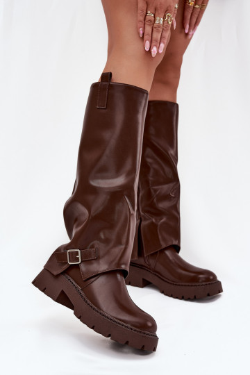 Botas femininas até o joelho com saltos, cano decorado, fitas e fivelas, cor bordô Nirisa