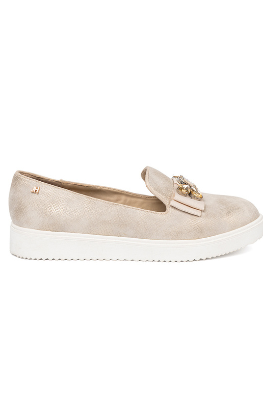 cor dourada mocassins z biżuteryjnym detalem na przodzie