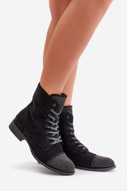 Decorado Botas com salto largo de camurça ecológicaoParae aquecimento cor preta Ellieo