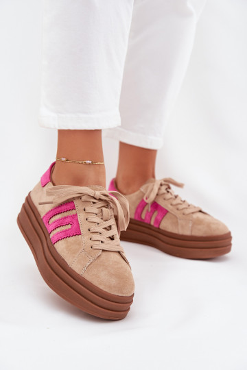 À modalo de tênis Feminino com uma plataformaHabilitadoturalnego de camurçau bege-cor rosa Eldira 2