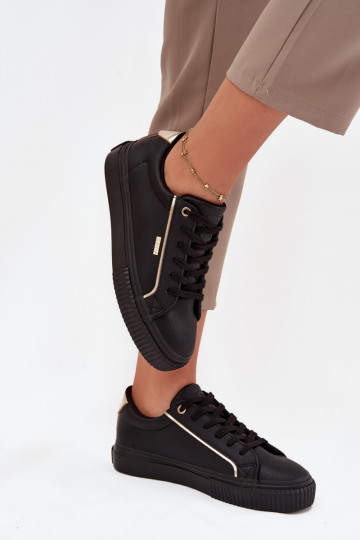 Tênis femininos pretos e dourados estilo sneakers em couro ecológico Big Star SS274025