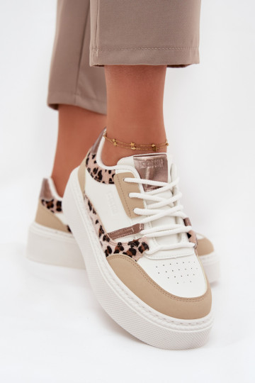 Tênis femininos brancos e na cor areia estilo sneakers com plataforma Big Star SS274357 e estampa de pele de leopardo 2