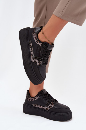 Tênis femininos esportivos com plataforma Big Star SS274358 com estampas de pele de leopardo pretos